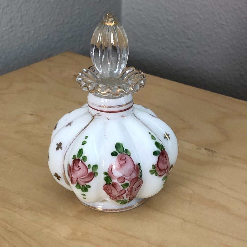 Vintage Hand Painted Glass Perfume Decanter with Stopper Floral Cottagecore 5"